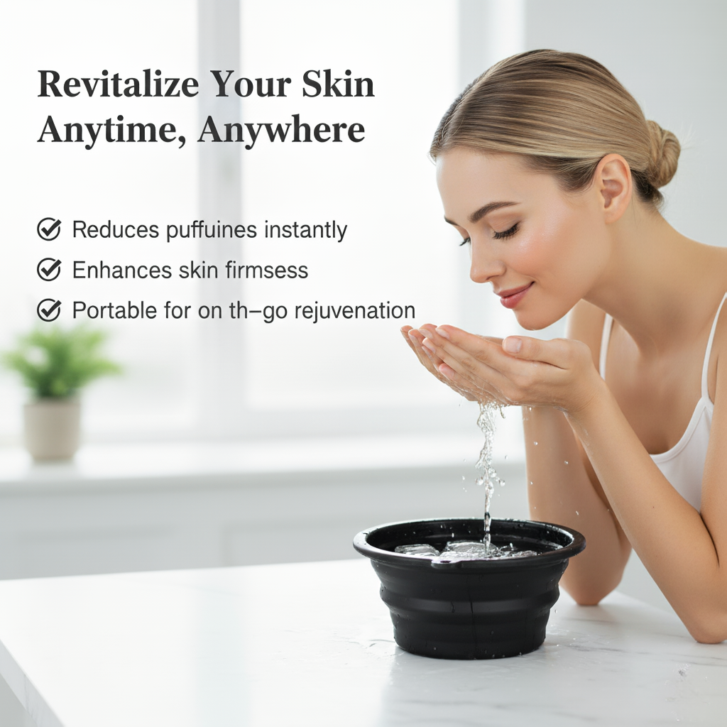 Woman using a portable skin care device with text highlighting its benefits.