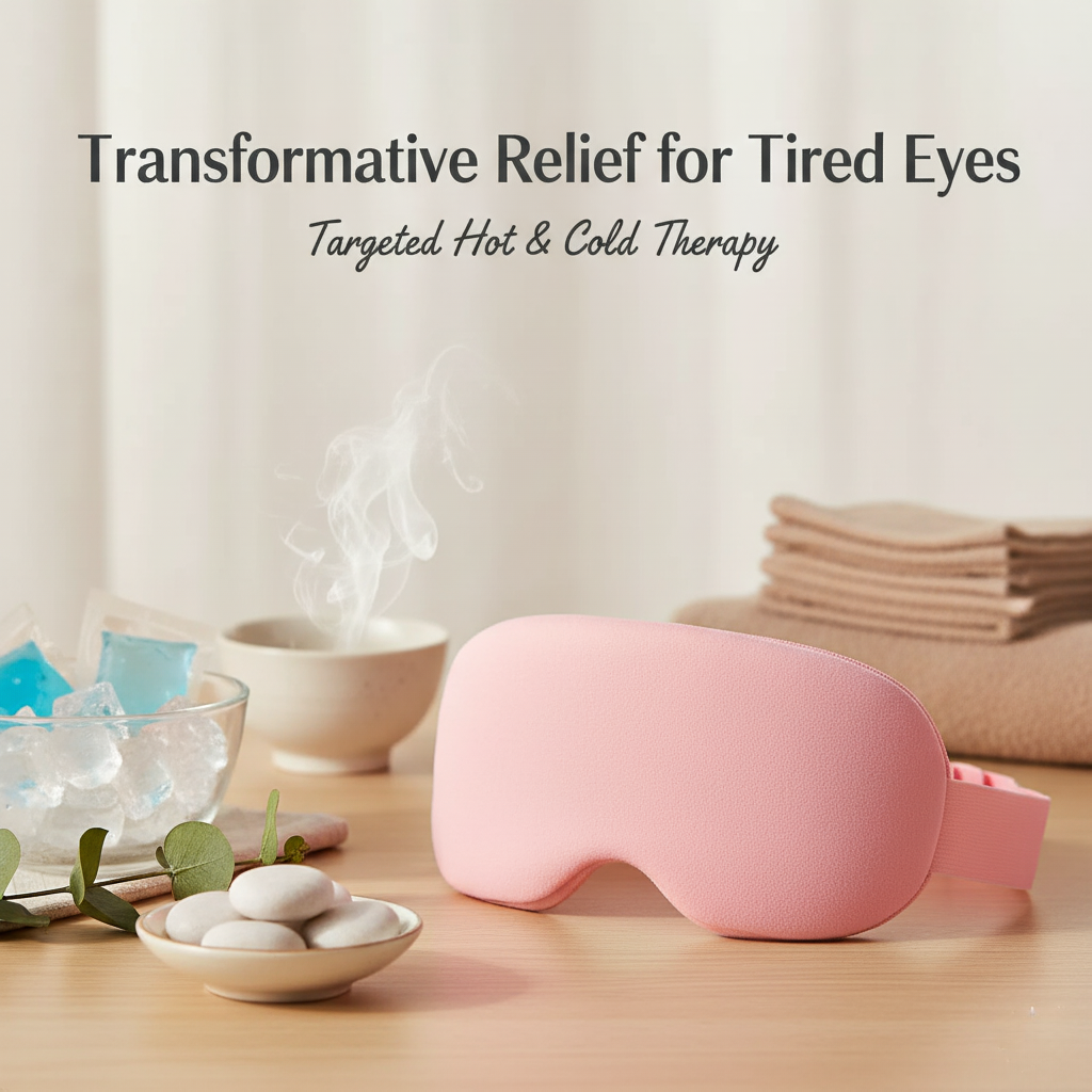 Pink eye mask on a table with text 'Transformative Relief for Tired Eyes' and 'Targeted Hot & Cold Therapy'.
