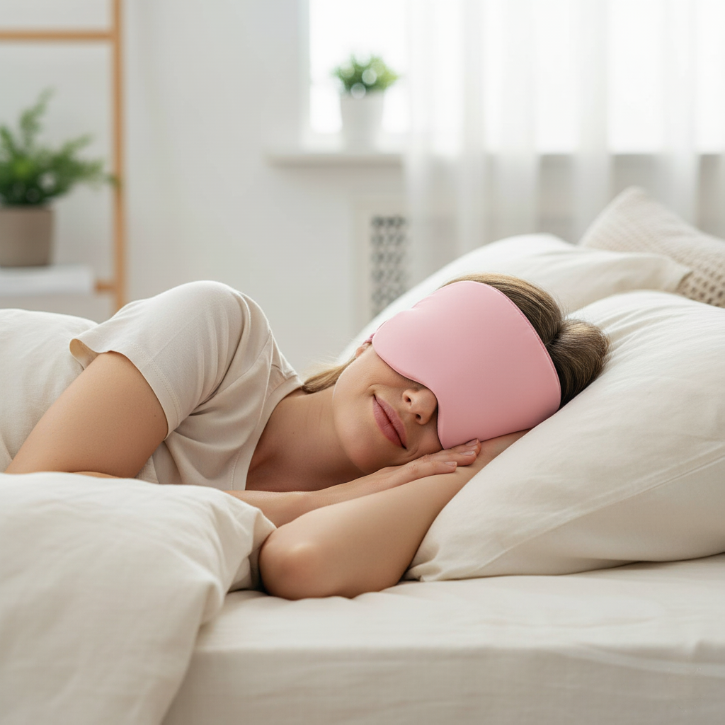 Woman sleeping on a bed with a pink sleep mask in a bright bedroom.