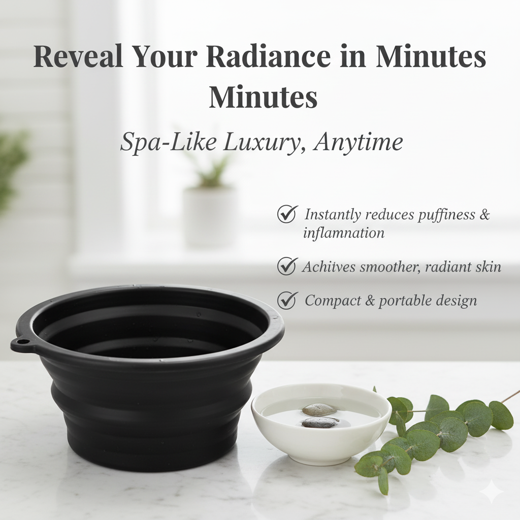 Black collapsible bowl on a marble surface with text about skin care benefits.