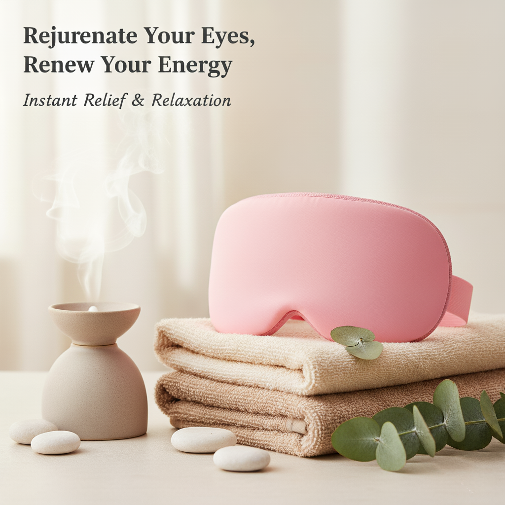 Pink eye mask on folded towels with text 'Rejuvenate Your Eyes, Renew Your Energy' and 'Instant Relief & Relaxation'.