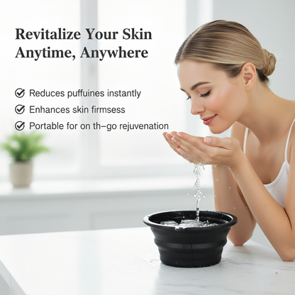 Woman using a portable skin care device with text highlighting its benefits.